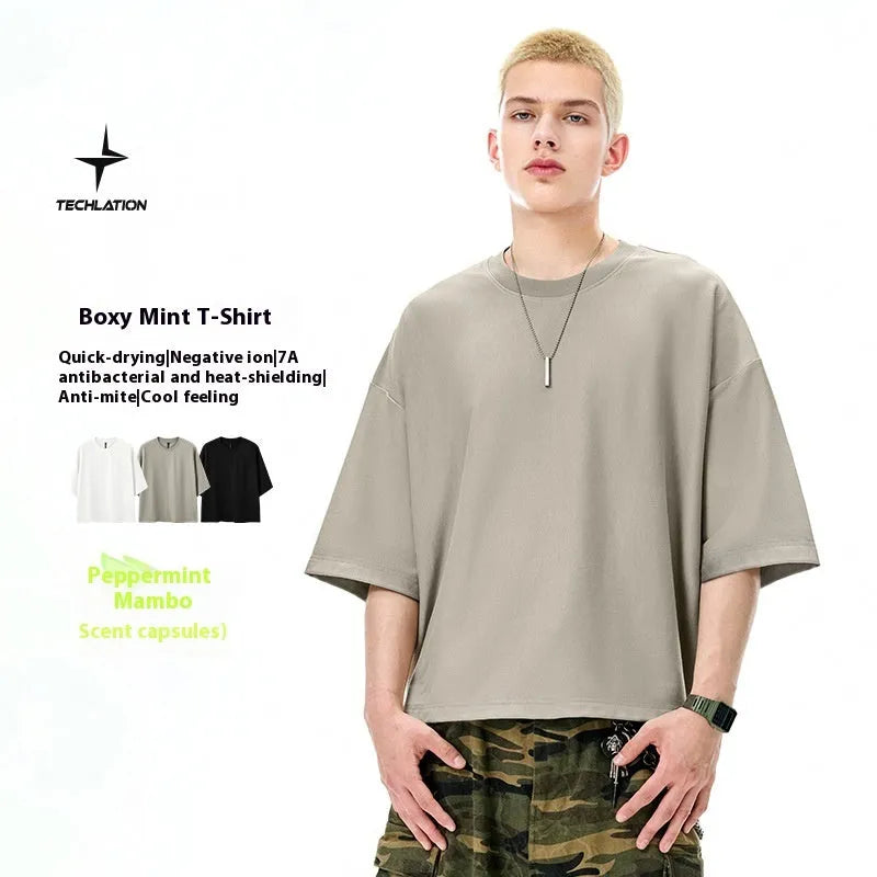 Men's sand grey short sleeve pullover top with regular sleeves and loose fit design