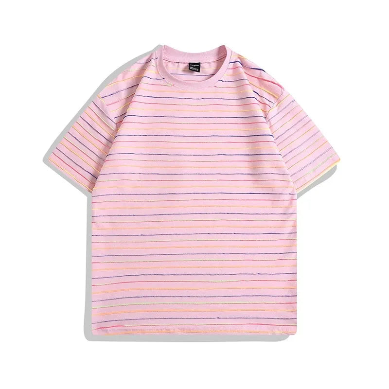 Men's loose fit half sleeve round neck T-shirt in apricot colour with Asian sizing label