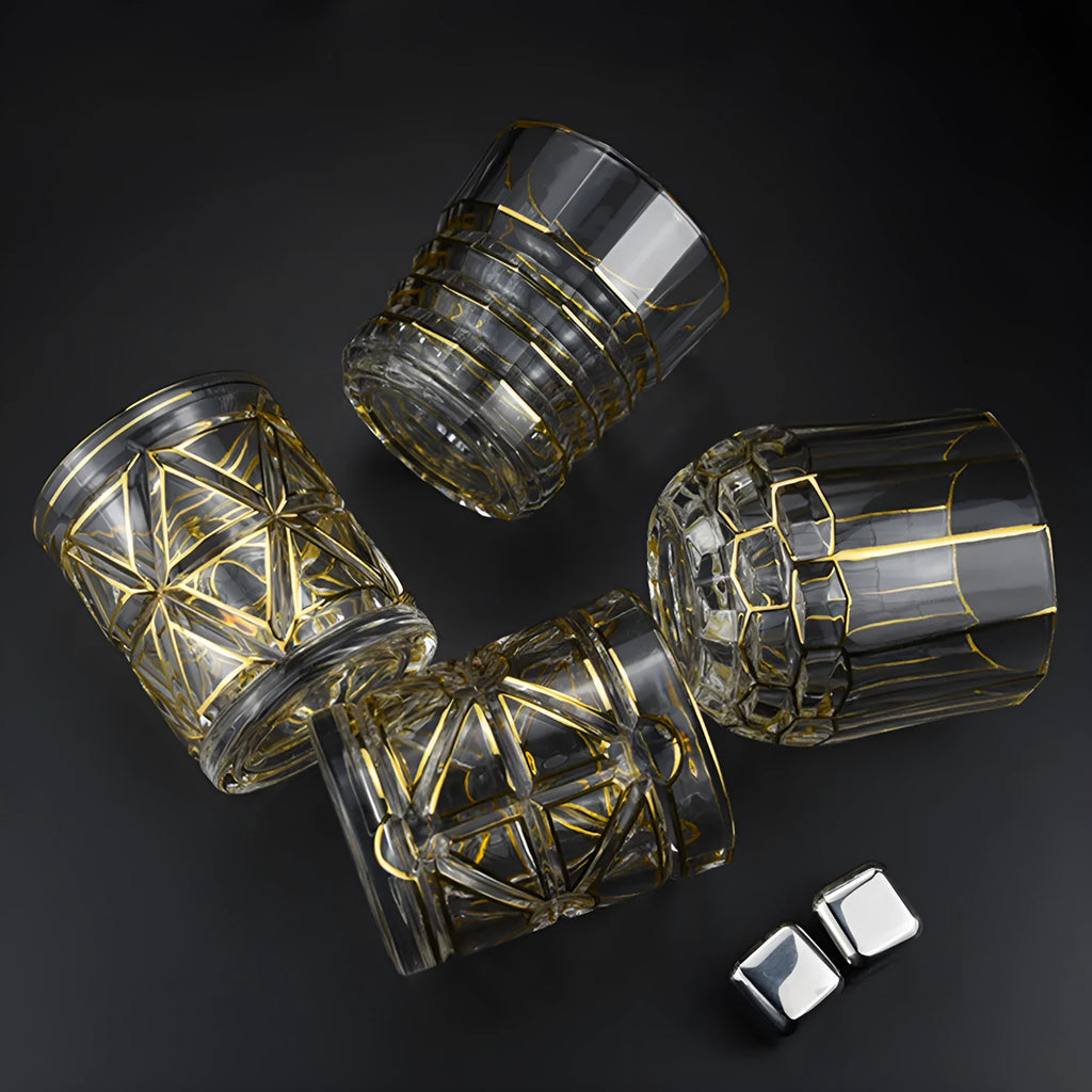 Crystal glass whiskey shot glass with solid gold colour and single-layer build, 340-450ml capacity