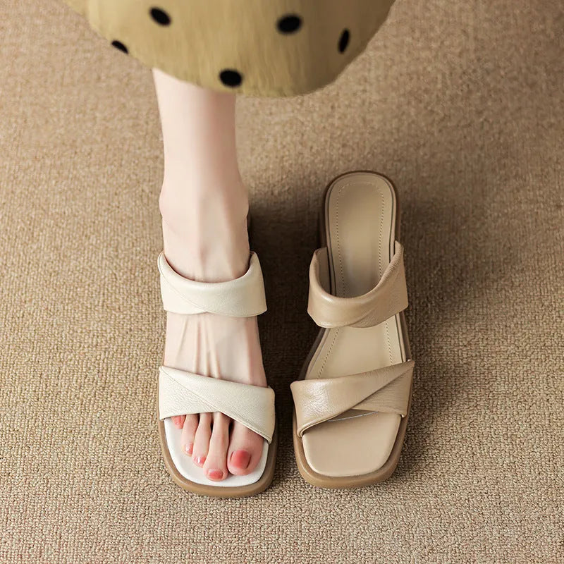 French style women's square toe sandals with rubber sole in nude and white sizes 34 to 40