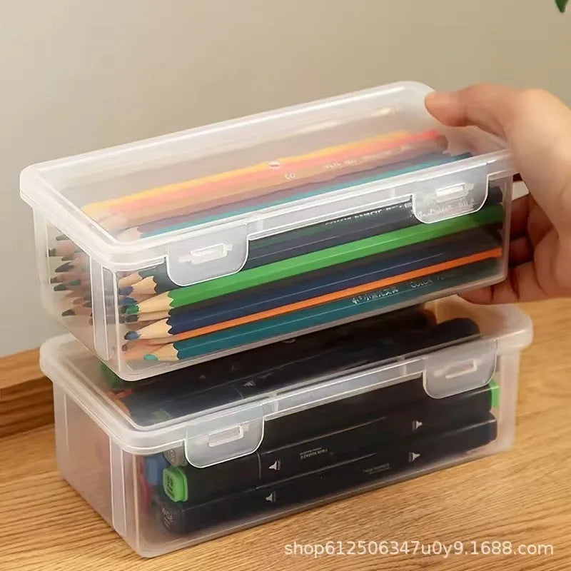 Transparent plastic stationery storage box for pencils and art supplies