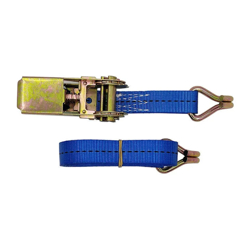 Steel ratchet tensioner strap with double triangle hooks and polyester webbing for cargo binding