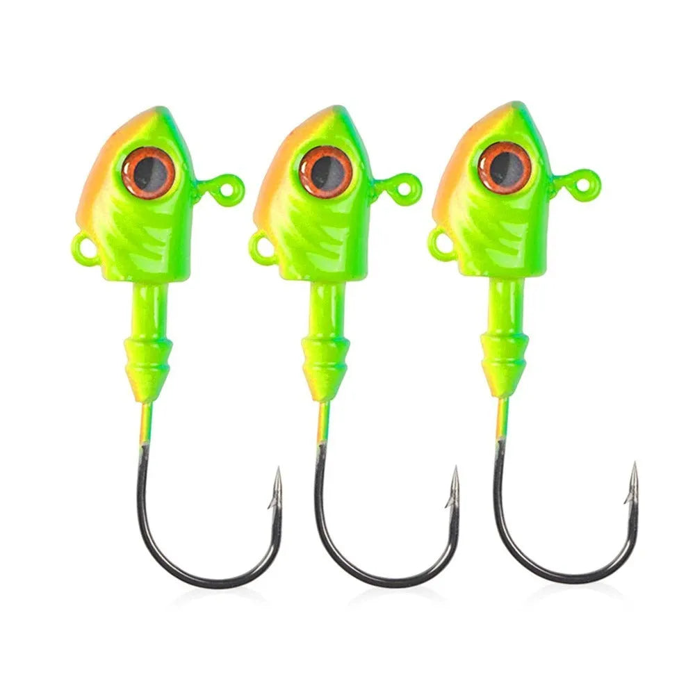Beizheng Road yayu simulation lead head fishing hooks in blue, silver, yellow colours showing weight options.