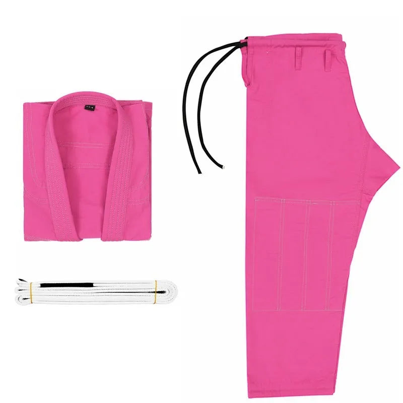 Brazilian Jiu-jitsu gi uniform set in cotton blend fabric showing colour options black, blue, gray, rose red, and white.
