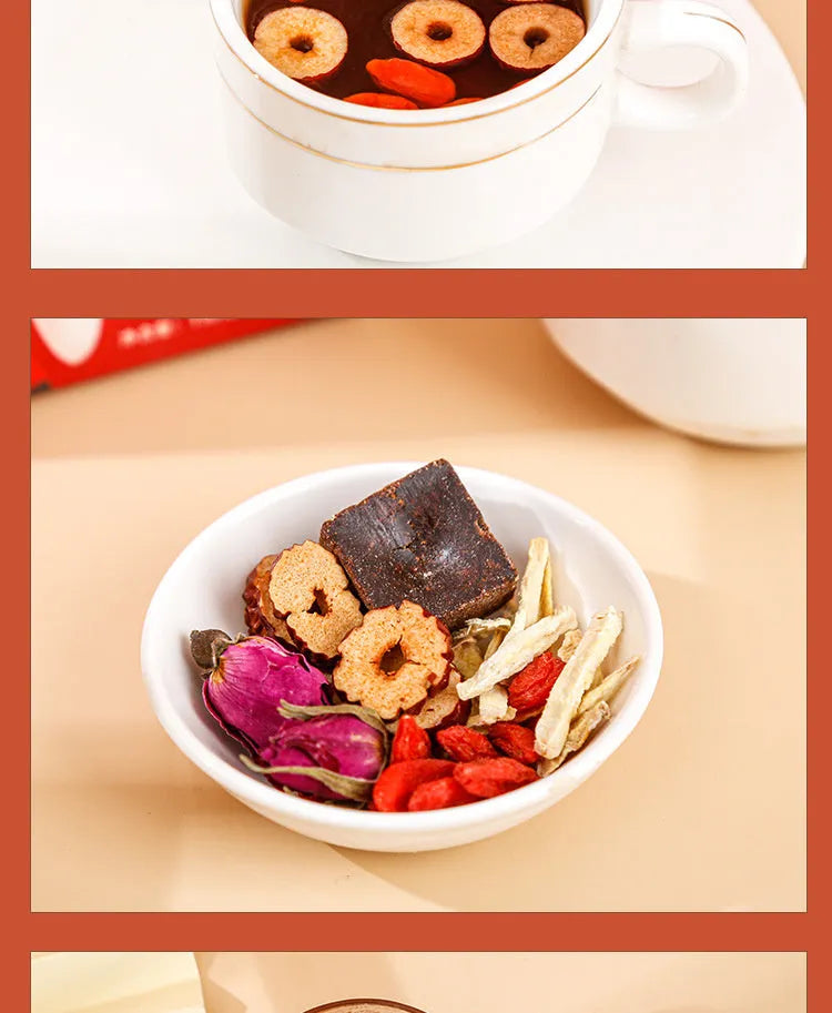 Box of brown sugar ginger and jujube tea with red dates, wolfberries, and herbal ingredients