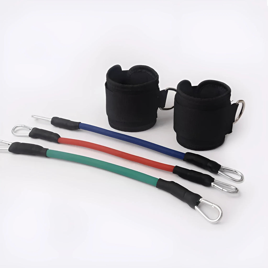 Black taekwondo training pull rope set for leg conditioning and explosive force development.