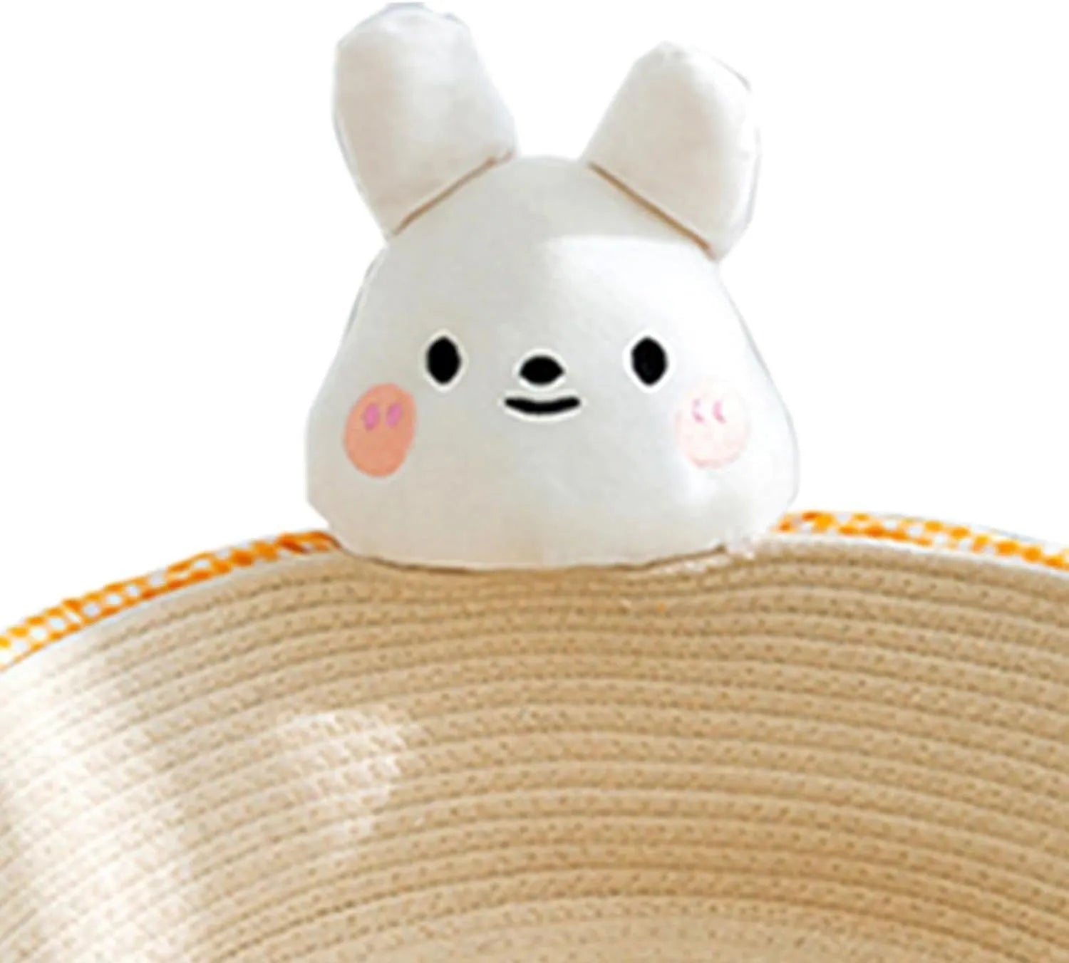 Woven cotton rope cat bed basket with integrated scratching pad for indoor cats, shown in Bear and Rabbit styles.
