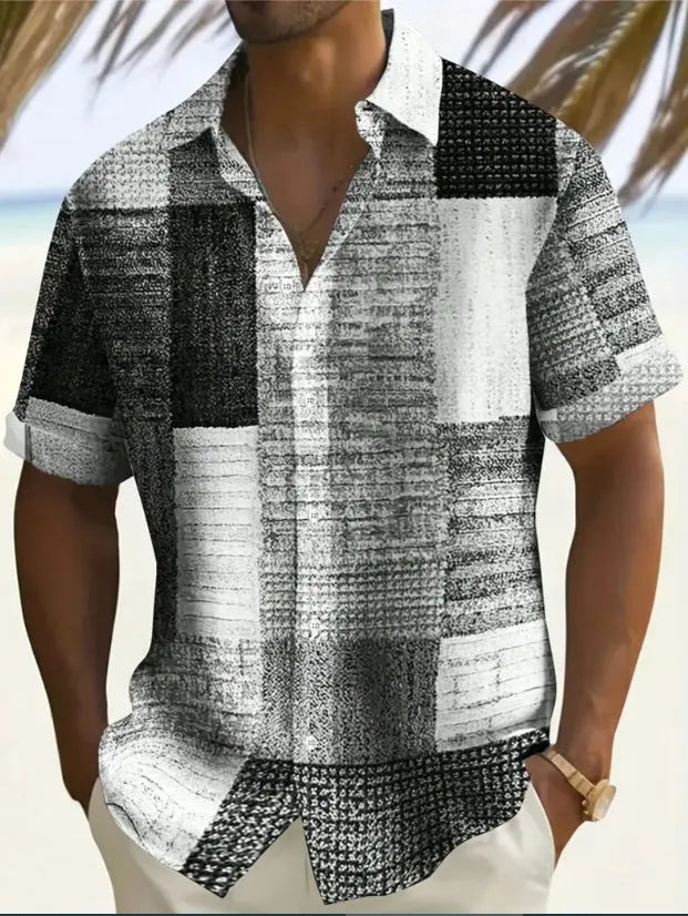 Retro men's plaid polyester shirt in blue with cardigan style loose fit