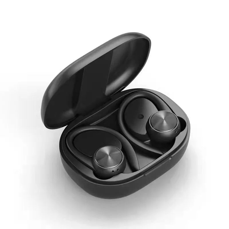 R200 TWS sports Bluetooth headset in black with ear-mounted design and digital display