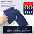 Blue self-heating knee massager unit with adjustable strap for vibration and air pressure therapy.