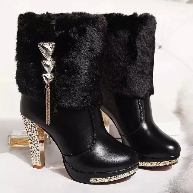 Women's solid-colour ankle boots with a chunky high heel, shown in black and white.