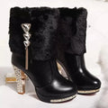 Women's solid-colour ankle boots with a chunky high heel, shown in black and white.