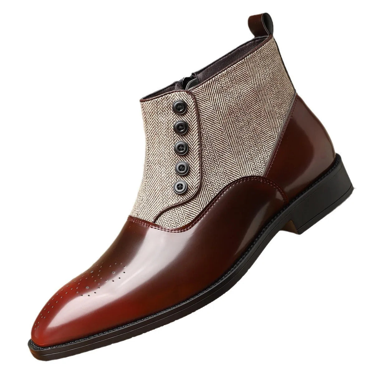 Men's brown retro-style formal leather shoes with side zipper and square toe on a white background.