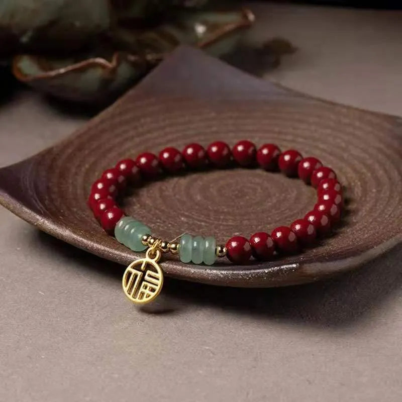 Handmade cinnabar and copper bracelet with wave shape design in national style