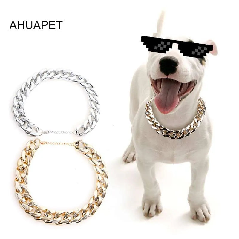 Gold coloured chain dog collar with twisted geometric pattern and buckle on small dog