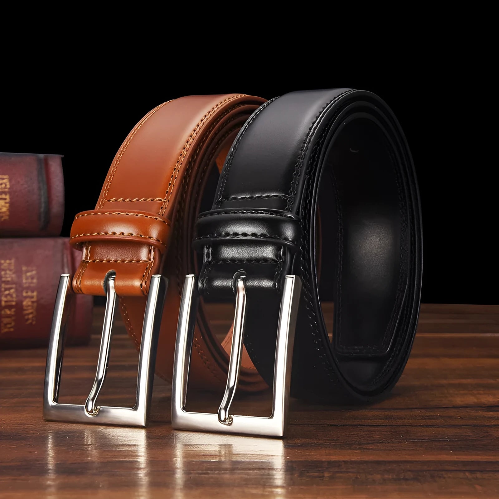 Men's black leather belt with silver pin buckle fastener showing length measurement