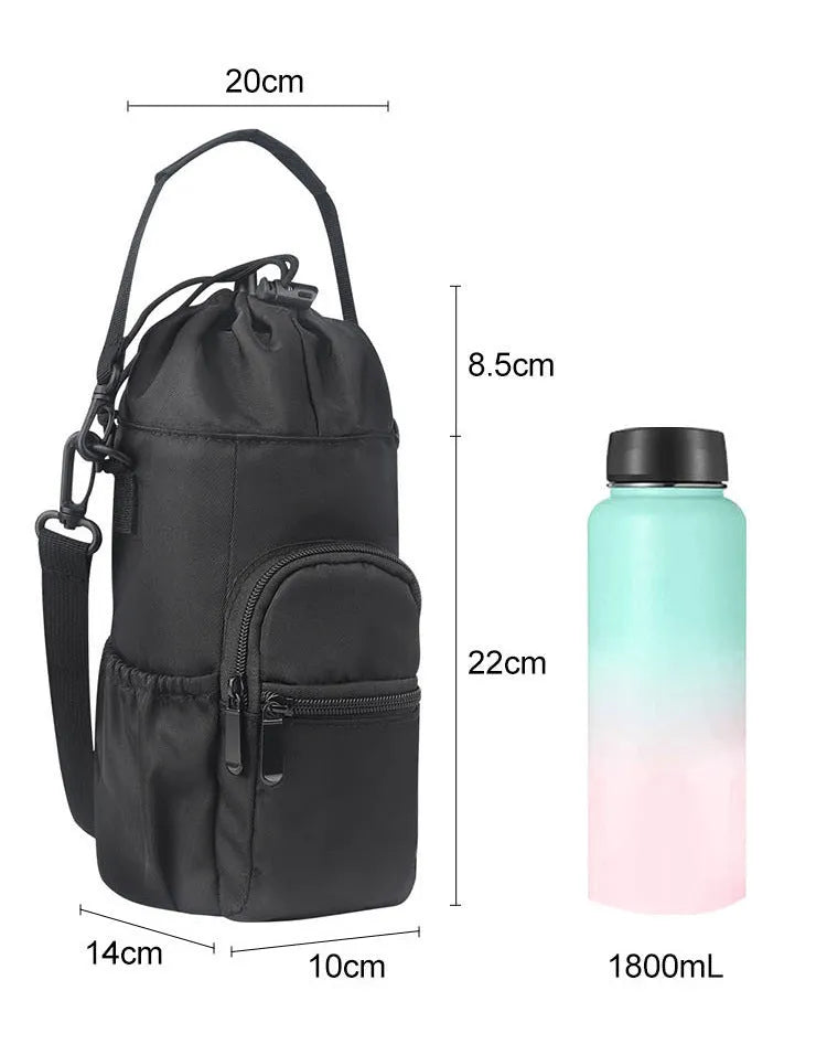Cloth water bottle shoulder pouch in black, green, or pink with adjustable strap.