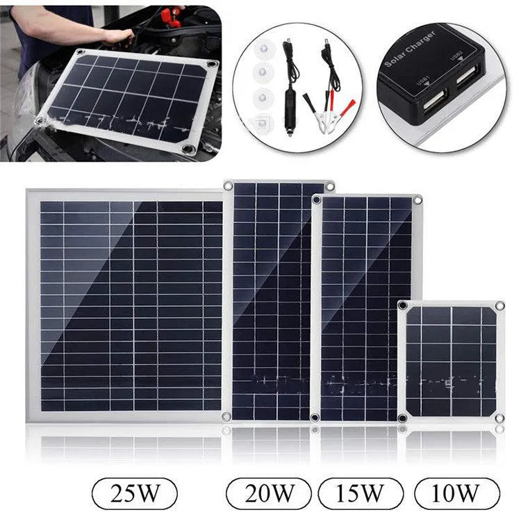 Portable solar panel with dual USB ports for outdoor device charging.