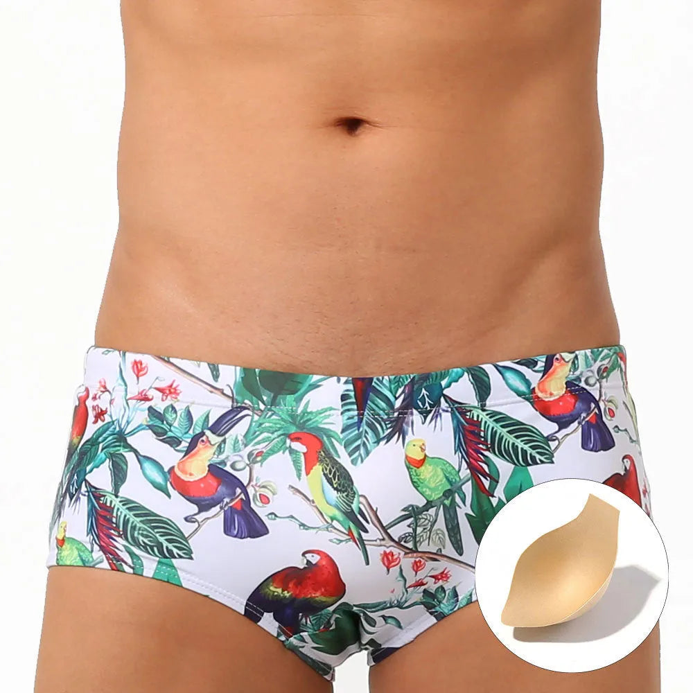 Men's nylon swimming trunks with flower-bird print in briefs and boxer styles