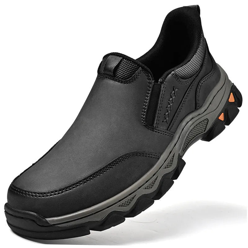 Men's casual leather-style shoes with rubber soles in black, brown and grey colours