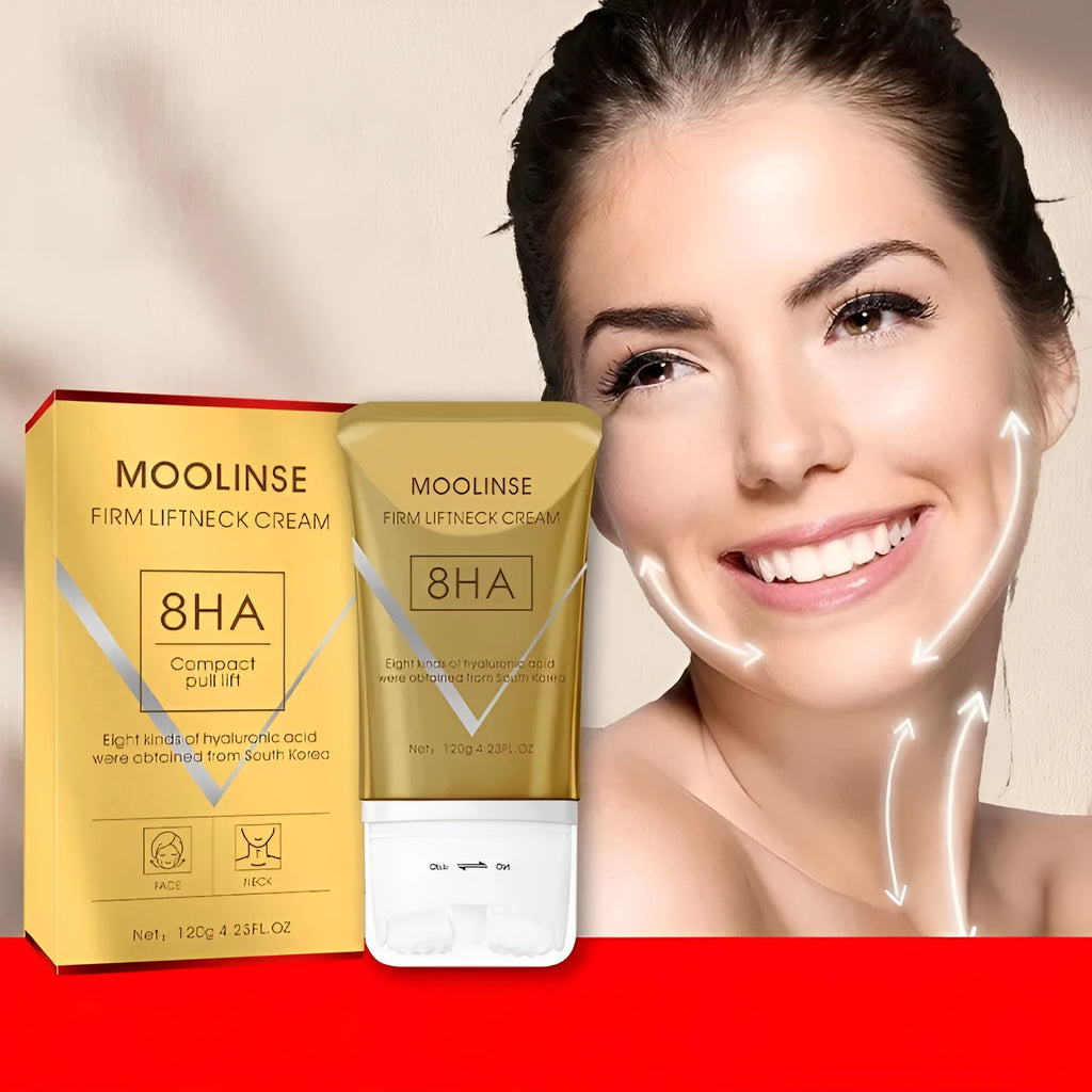 Neck moisturising cream tube with a silver massage roller applicator for dry skin.
