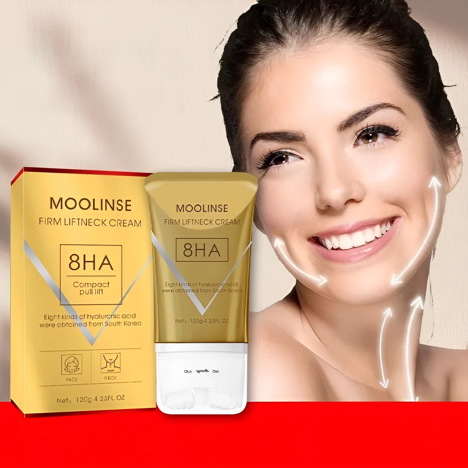Neck moisturising cream tube with a silver massage roller applicator for dry skin.