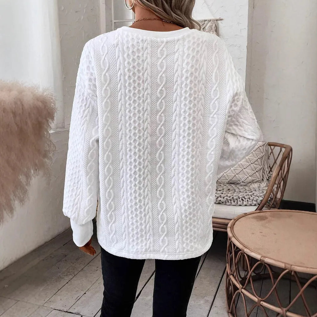 Milky white loose fit long sleeve T-shirt with 3D pattern detail in Japanese Korean casual style