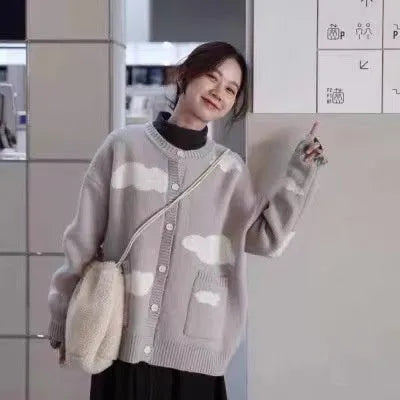 Blue cloud pattern women's cardigan sweater with loose fit and long sleeves