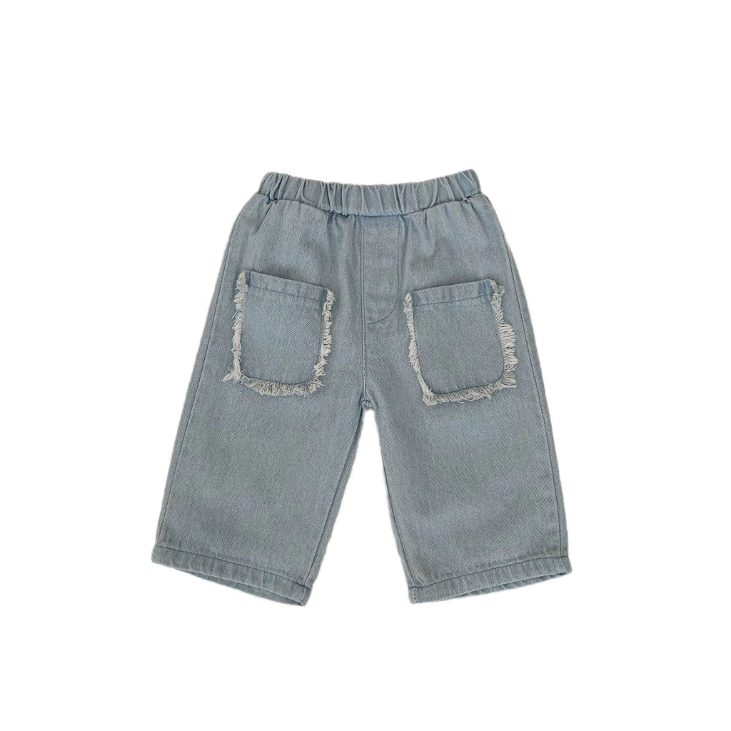 Children's cotton denim cropped pants in denim colour with hairband belt fly opening