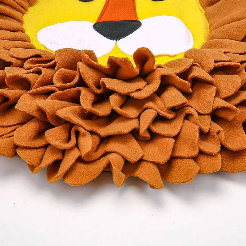 Brown lion pattern snuffle mat for dogs and cats showing fabric folds for food hiding