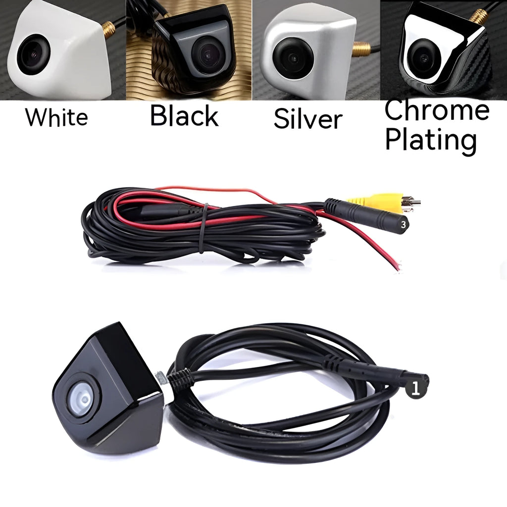 Black screw-mount car rearview camera with night vision and waterproof metal housing.