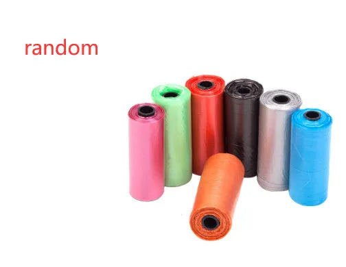 Roll of multi-coloured dog waste bags showing black, blue, green, and pink examples