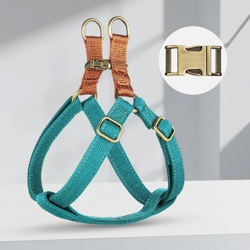 Brown vest-style dog leash harness with nylon straps and alloy buckle for small breeds