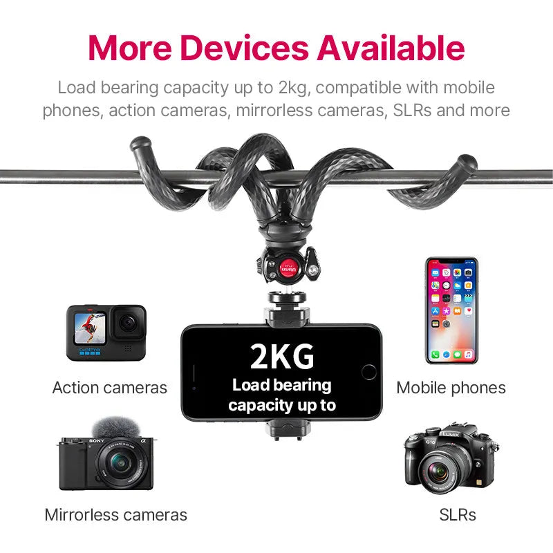 Black octopus-leg mobile phone tripod set with extended aluminium centre column and attached phone clip.