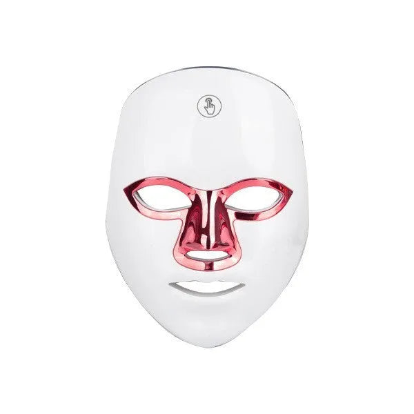 Rechargeable LED light therapy beauty mask with touch controls on a white background