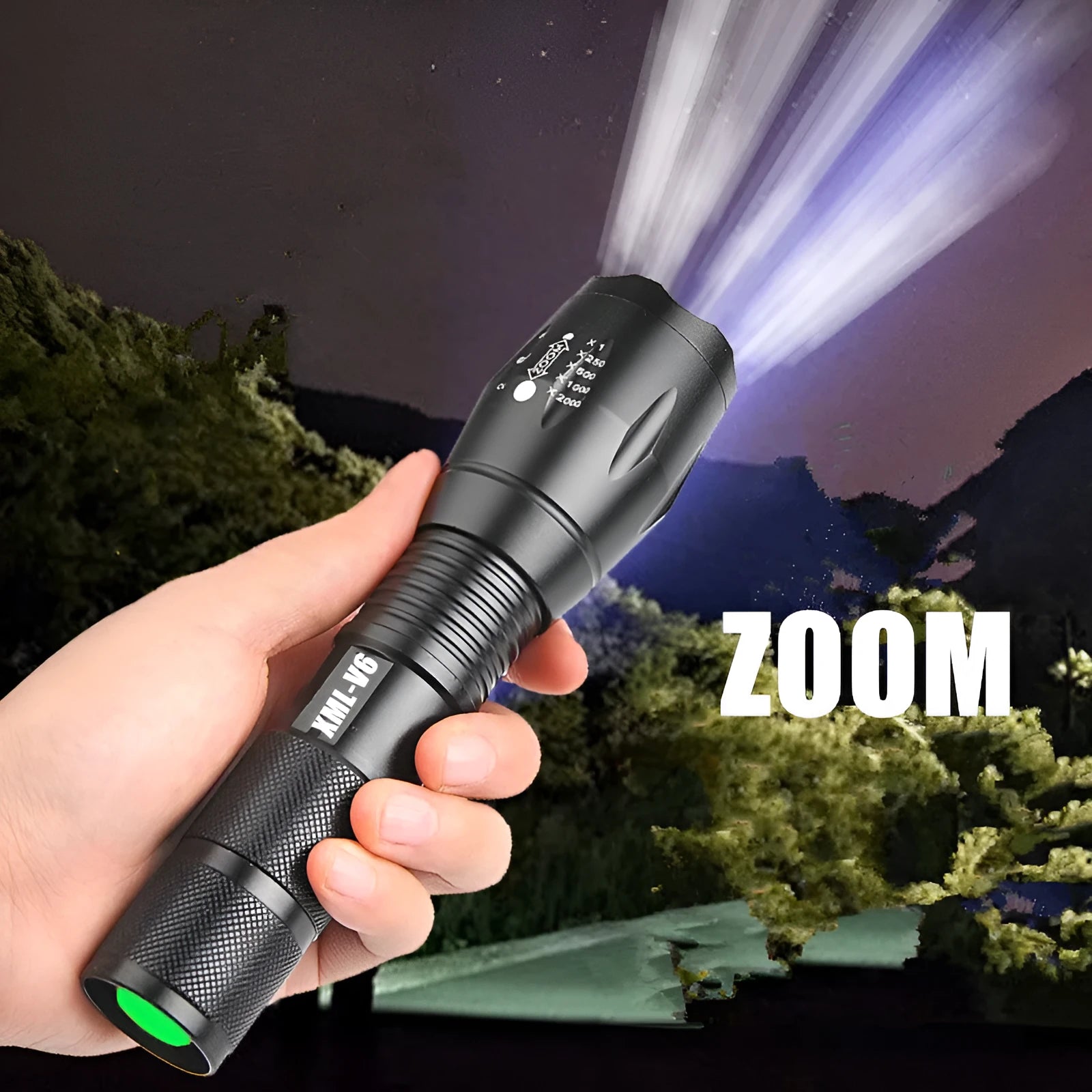 Black aluminum alloy zoom flashlight with adjustable head for focus, shown with beam reaching into distance.
