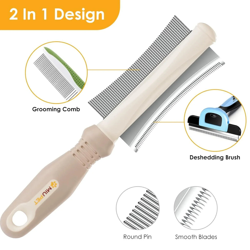 White double-sided pet grooming brush with curved comb and deshedder on an ergonomic anti-slip handle