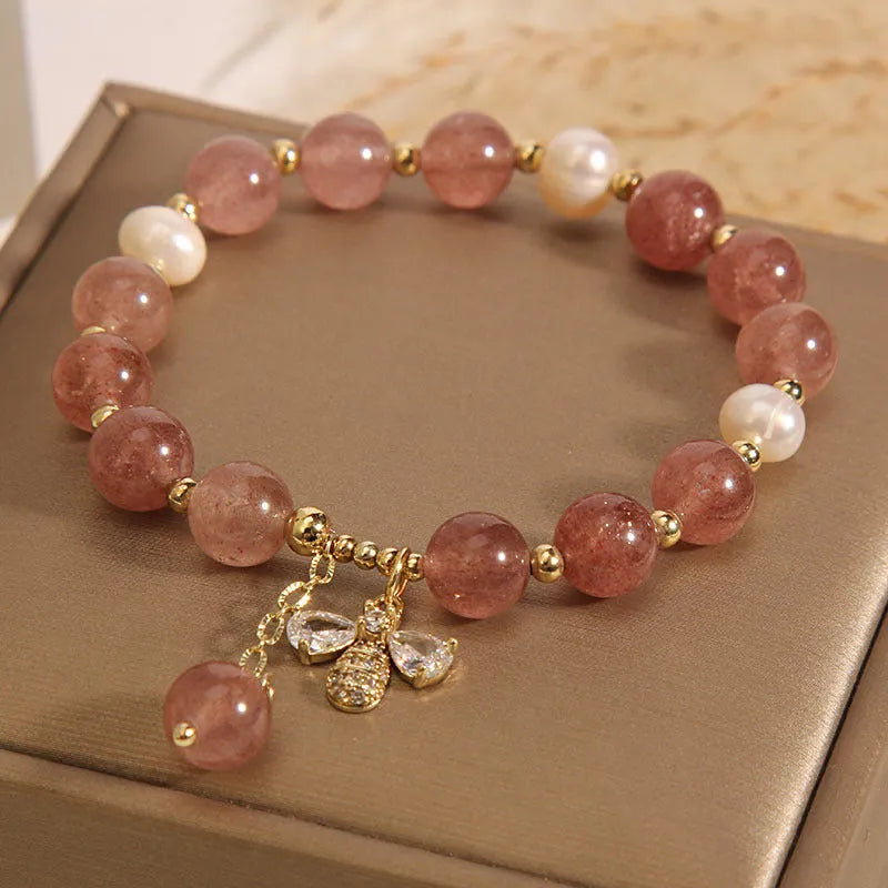 Women's strawberry quartz freshwater pearl bracelet with zircon detailing in Japanese South Korean style