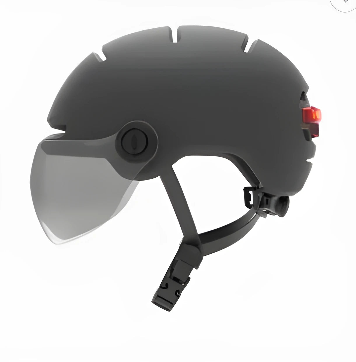 Cycling helmet with integrated red LED brake light on the back, shown in PC shell construction.