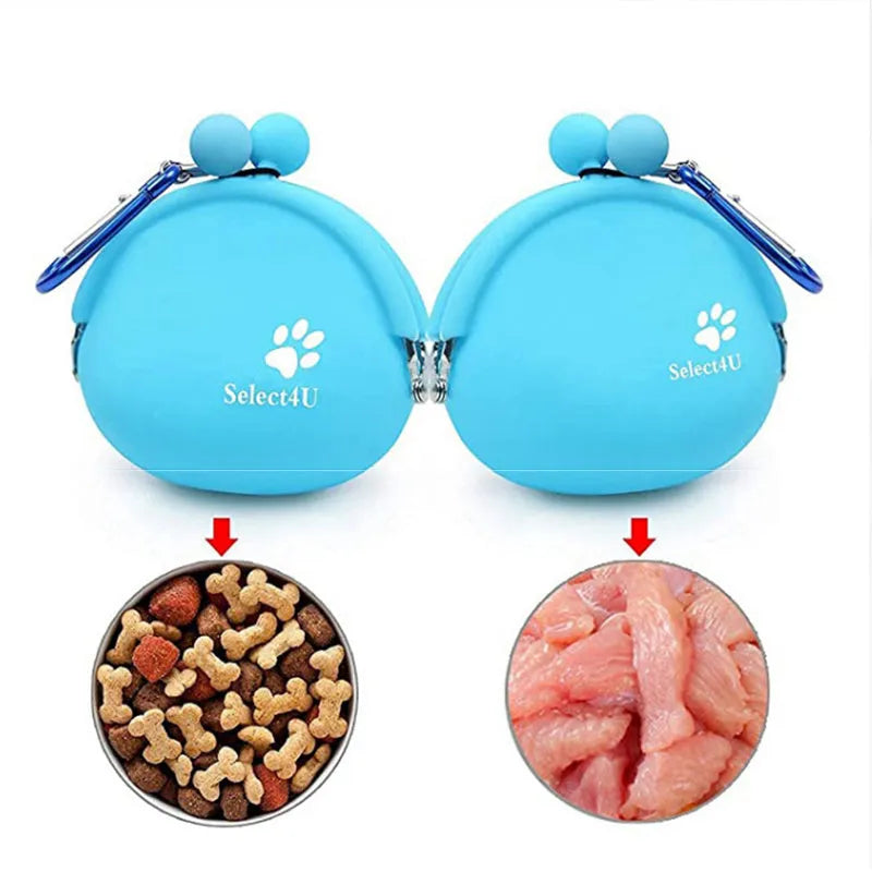 Yellow silicone dog treat pouch with hook-and-loop closure on a waist belt