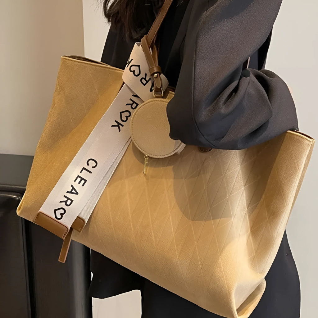 Large soft polyester shoulder tote bag in horizontal square shape with zippered interior pocket