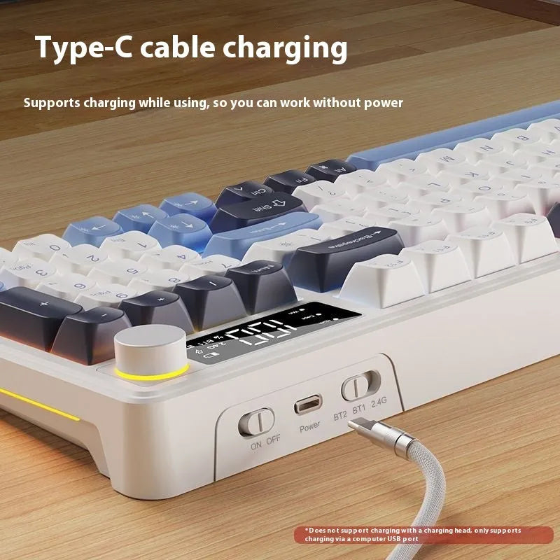 Blue White wireless Bluetooth keyboard and mouse combo with mechanical-feel keys and triple connectivity options