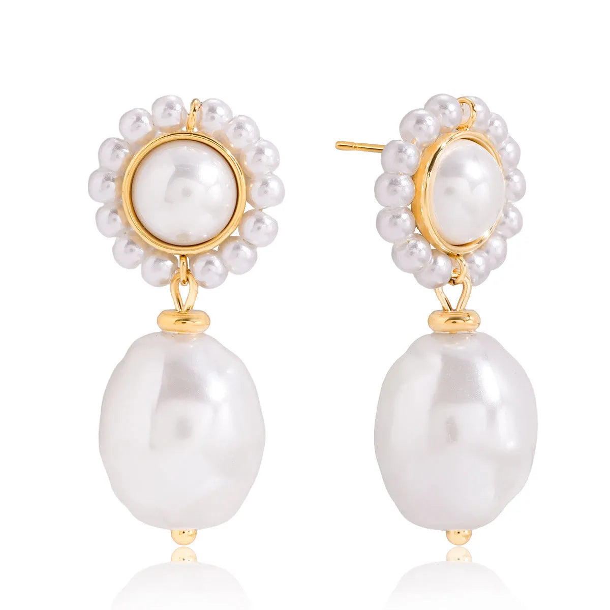 Women's stainless steel light pearl ear studs, geometric shape, electroplated finish, one pair.