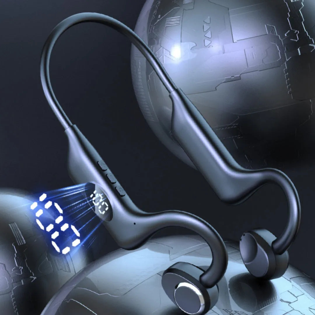 Bluetooth non in-ear sports conduction headset in Black Ultimate Edition with silicone ear hook and digital display
