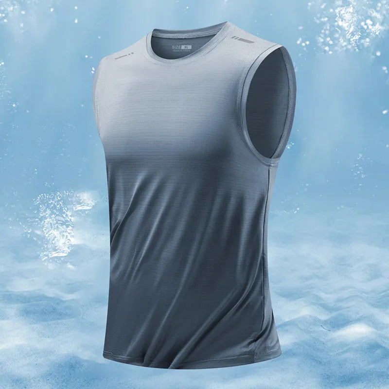 Men's loose grey sleeveless waistcoat vest made from non-iron bamboo blend fabric on a hanger.