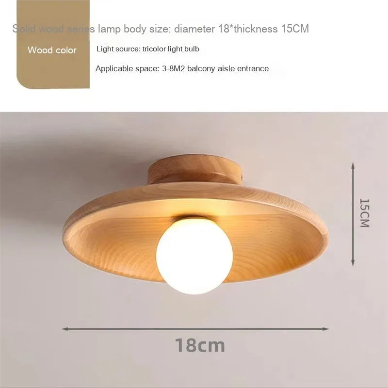 Japanese-style solid wood ceiling lamp in walnut finish with circular shade, 28cm diameter, mounted on ceiling