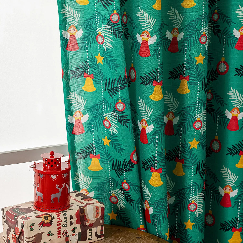 Green and red snowman angel print Christmas curtain with windproof semi-sun shade function