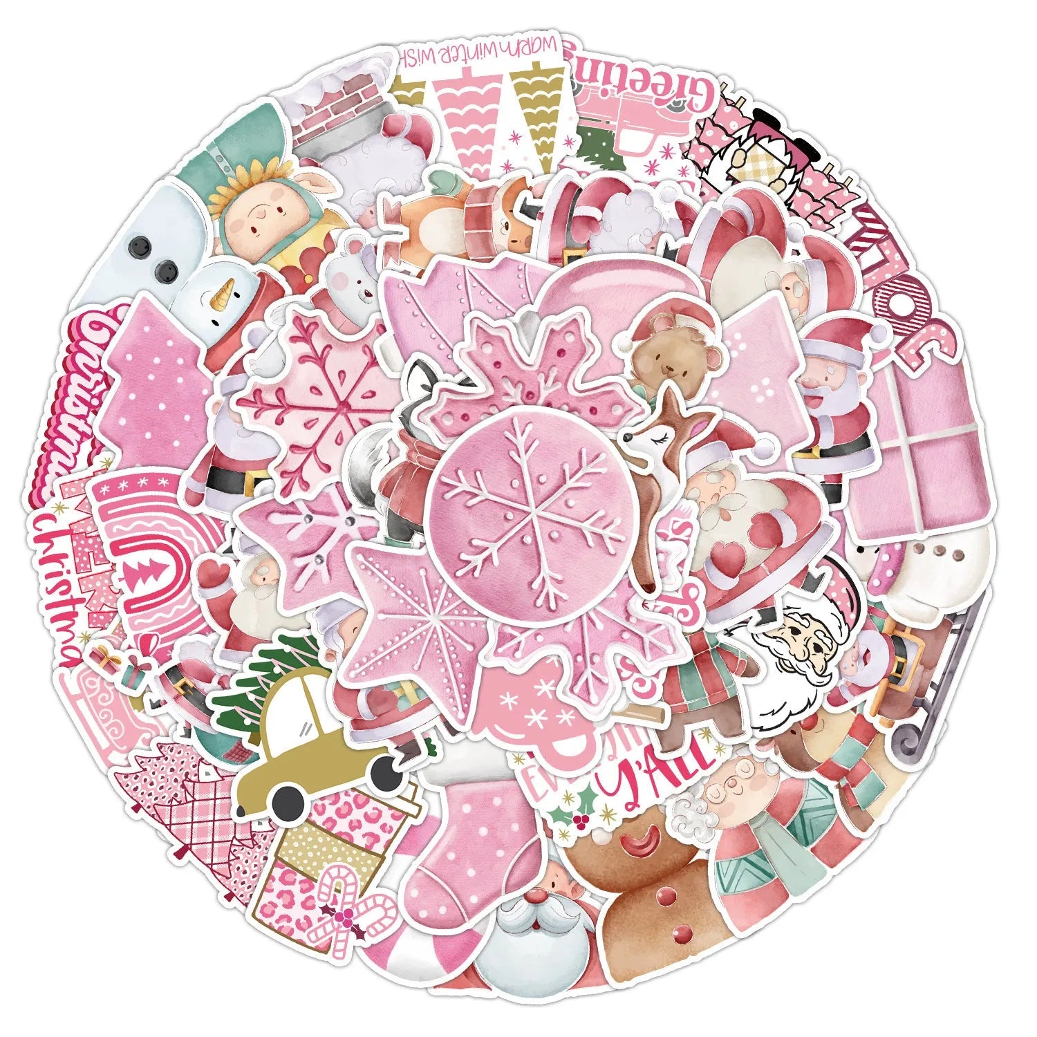 Assortment of 50 cute Christmas-themed waterproof stickers in various designs, each between 4cm and 8cm in size.