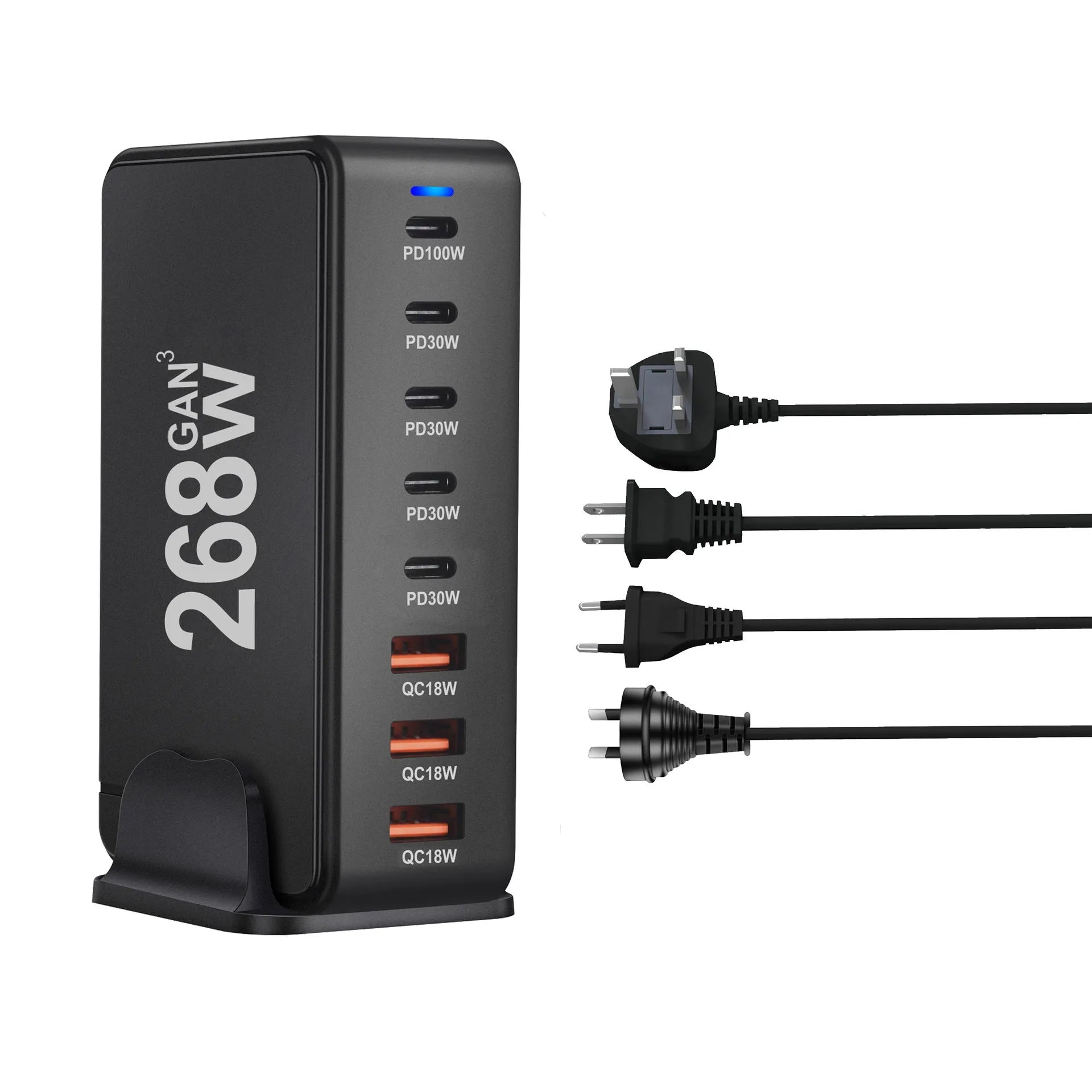 268W gallium nitride desktop charger with eight ports, white colour, Type-C and USB-A connections