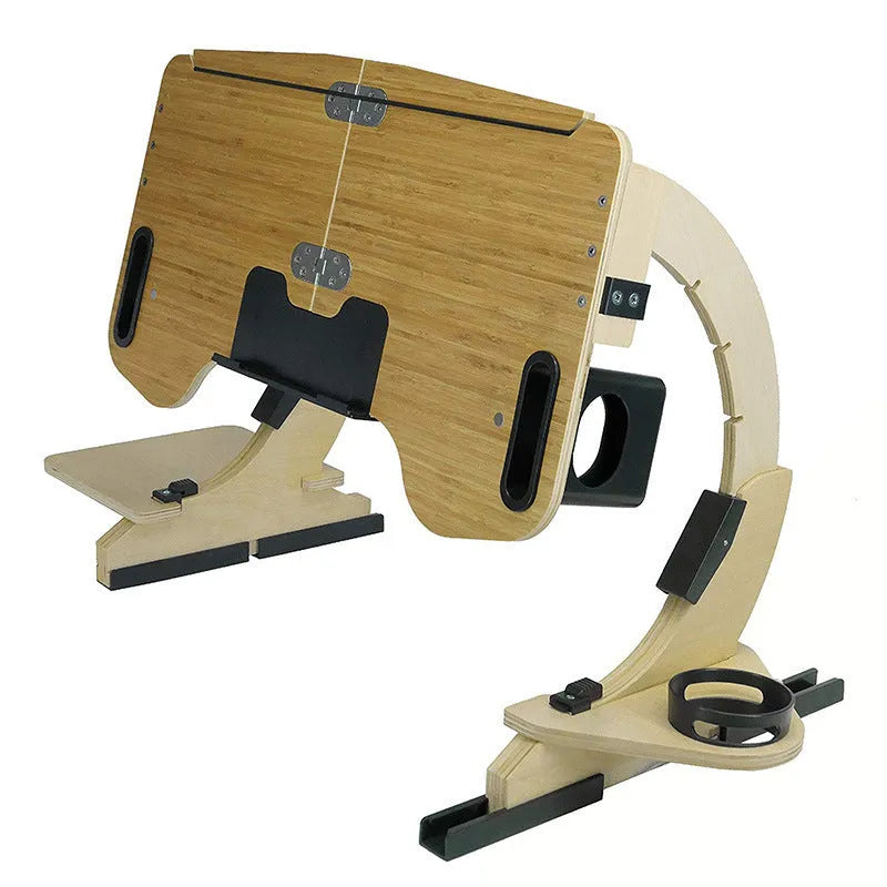 Wooden folding computer table with adjustable angle on bed, showing modern simple design